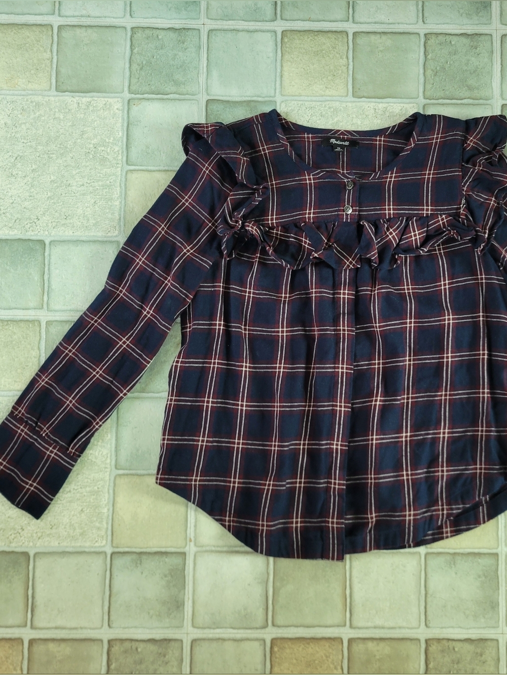 Madewell Plaid Ruffle Yoke Blouse in Navy and Burgundy Size Xsmall